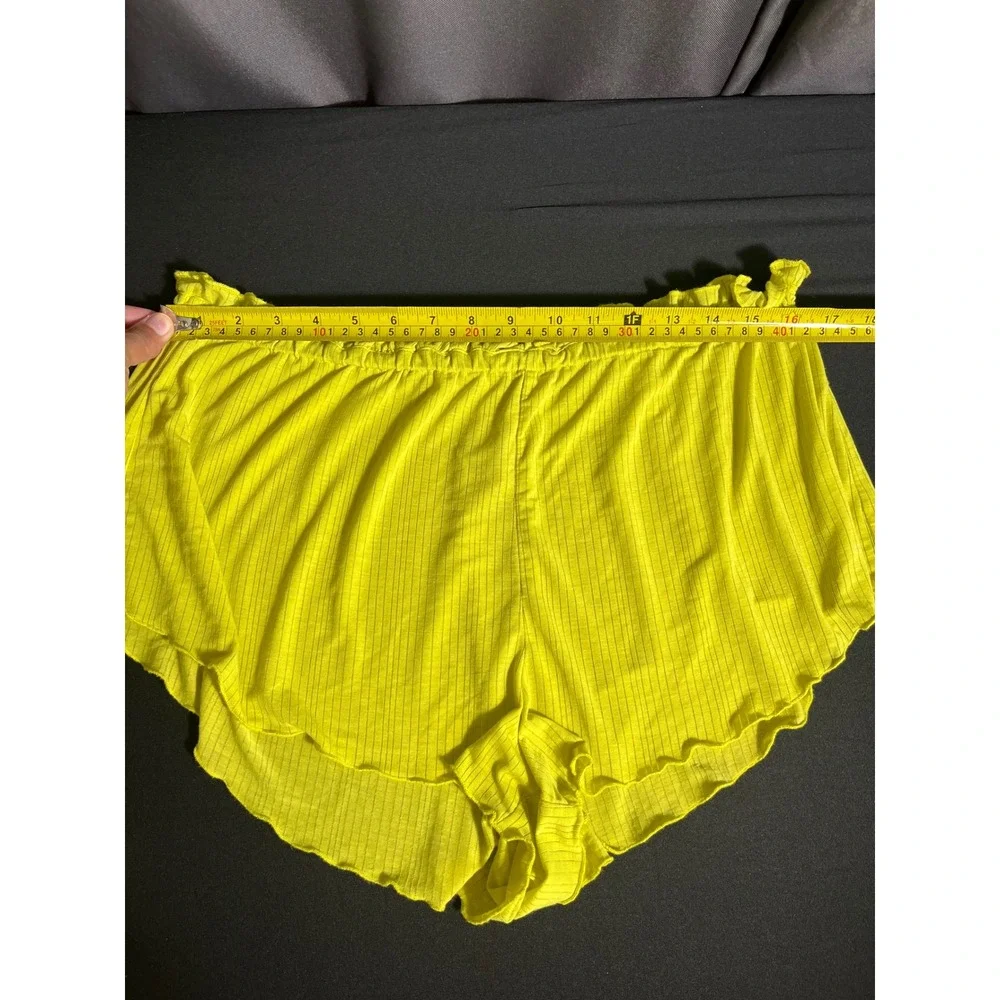 Anthropologie Lime Green Ribbed Ruffle Lounge Pajama Set Top Shorts M